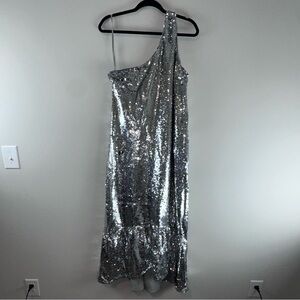 Maeve Anthropologie Silver Sequin One Shoulder Party Maxi Dress Size M